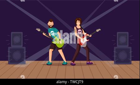 Concert de rock télévision vector illustration. Des musiciens Punk guitares électriques, performing on stage in spotlight. Heavy metal festival, les participants au concours portant des vêtements avec crânes Illustration de Vecteur