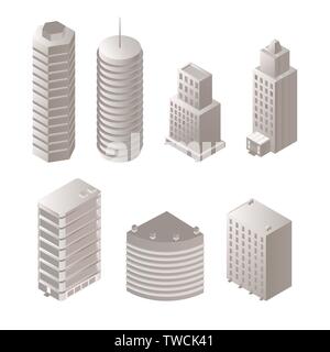 Les Bâtiments Urbains illustrations isométriques. L'architecture moderne, monochrome de gratte-ciel. Centres de bureau futuriste, hautes tours en métal et verre, 3d constructions résidentiel Illustration de Vecteur