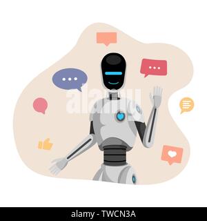 Robot humanoïde, chatbot télévision vector illustration. L'intelligence artificielle, sympathique personnage cyborg en agitant la main. Smiling chat bot entouré d'icônes de médias sociaux, bulles et aime Illustration de Vecteur