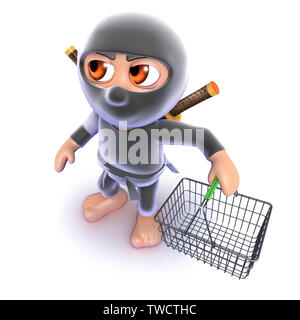 3D render of a funny cartoon ninja assassin portant un panier Banque D'Images