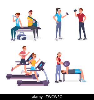 Jeu de sport. Sourire joyeux hommes et femmes de faire du sport dans la salle de sport vector illustration. Les garçons et les filles pratiquant sur tapis roulant, les muscles de pompage avec haltères, exercices de force de faire. Isolated on white Illustration de Vecteur