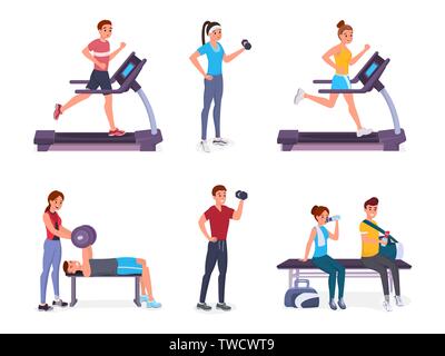 Ensemble de personnes dans une salle de sport télévision vecteur style illustration isolé sur fond blanc. Remise en forme l'homme et de la femme Illustration de Vecteur