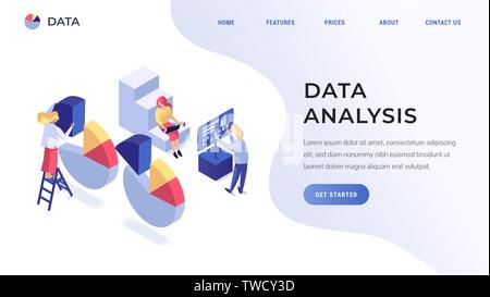 Analyse des données landing page concept. Les personnes travaillant avec des diagrammes, de l'information et ordinateurs portables vector illustration isométrique Illustration de Vecteur