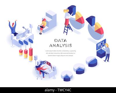 Les personnes travaillant avec différents types d'information de tableaux et de graphiques, l'analyse et le traitement de matériaux de travail. Personnes qui interagissent avec les graphiques et l'analyse de données statistiques Illustration de Vecteur