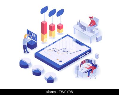 Les personnes travaillant avec différents types de diagrammes, graphiques et informations processions. Analyser les travailleurs d'illustration vectorielle isométrique Illustration de Vecteur