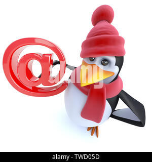 3D render of a fun caratoon pingouin hiver symbole d'une adresse e-mail holding Banque D'Images