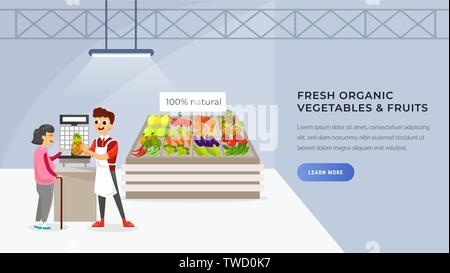 Les gens de modèle de site web design plat supermarché vector illustration. L'intérieur du magasin bio vector illustration Illustration de Vecteur