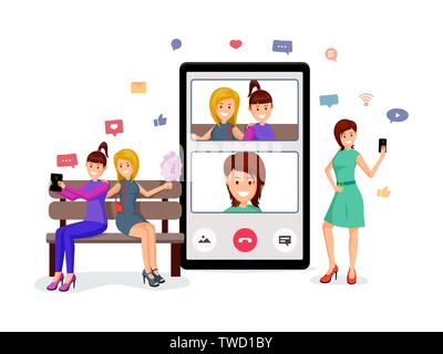 Conversation vidéo copines vector illustration. Les filles, leurs amis assis sur un banc et cheerful woman de personnages de dessins animés. Application de communication, appel vidéo en ligne, les médias sociaux vie Illustration de Vecteur