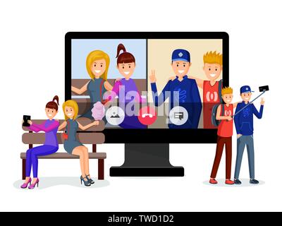 Conversation vidéo amis illustration vectorielle. Les filles assis sur un banc avec tablette et joyeux gars de personnages de dessins animés. Les blogueurs, les adolescents de la communication en ligne, vidéo conférence modèle plat Illustration de Vecteur