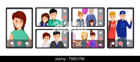 Appel vidéo de groupe, conférence vector illustration. Les personnes prenant de l'enregistrement vidéo, selfies en live streaming, personnages de dessins animés. La communication en ligne, la technologie mobile, les blogs business cliparts set Illustration de Vecteur