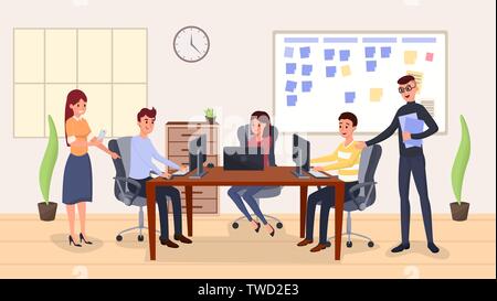 La gestion d'équipe, d'illustration vectorielle de coworking. Heureux collègues travaillant ensemble de personnages de dessins animés. Office interior, de plantes, d'horloge et tableau des tâches, groupe de brainstorming processus de travail Illustration de Vecteur