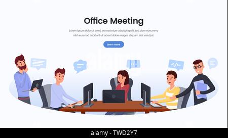 L'équipe de développement du modèle de page d'atterrissage. Réunion de bureau page web, bannière web conférence concept. Des collègues de discuter de la stratégie d'entreprise, team building illustration avec texte Illustration de Vecteur