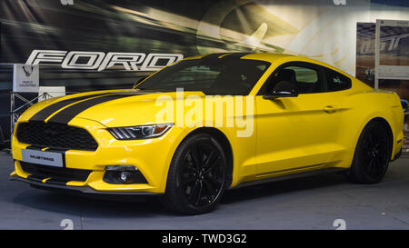 Une Ford Mustang GT jaune.L'édition 2019 du salon automobile Parco Valentino accueille des voitures de nombreuses marques et designers automobiles dans le parc Valentino à Turin, en Italie. Banque D'Images