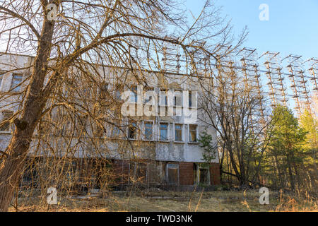 L'Europe de l'Est, l'Ukraine, Pripyat, Tchernobyl. L'extérieur, des arbres envahi par la brosse, de développement immobilier résidentiel , blocs. Près de Duga-1 Radar. Banque D'Images