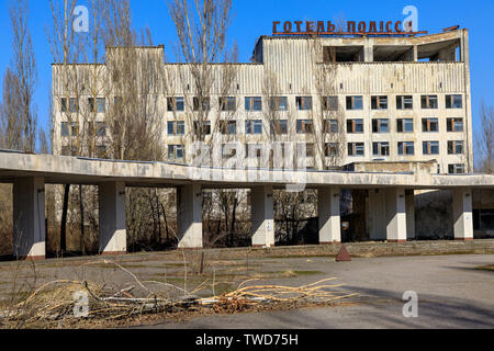 L'Europe de l'Est, l'Ukraine, Pripyat, Tchernobyl. Hôtel Polissya. 10 avril, 2018. Banque D'Images