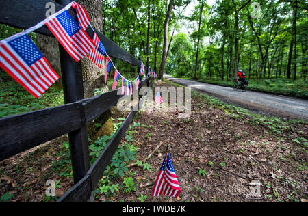 États-unis - 3 juillet 2017 : Un cycliste rides passé 4 juillet décorations sur une clôture le long d'Otley Road dans l'ouest de Loudoun County en Virginie. Le cycliste Banque D'Images