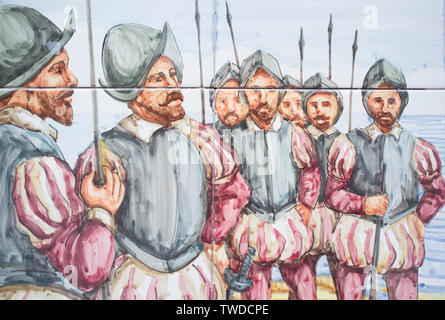 Badajoz, Espagne - avril 24th, 2019 : Hernán Cortés soldats espagnols du 16e siècle. Conquête de l'Empire Aztèque. Mur de tuiles vernissées Banque D'Images