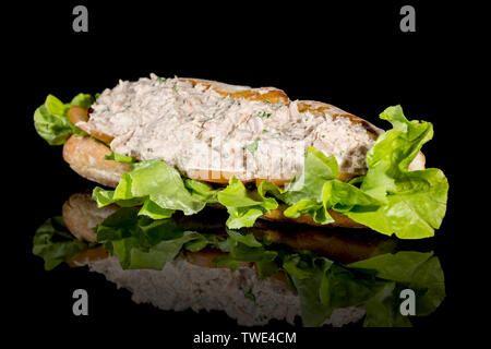 BAGUETTE THON MAYO avec réflexion isolé sur fond noir. Studio Shot Banque D'Images