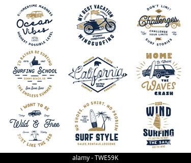 Surf Vintage graphiques et emblèmes pour la conception web ou print. Logo surfeur des modèles. Badges de surf. Typographie d'été collection d'insignes pour t Illustration de Vecteur