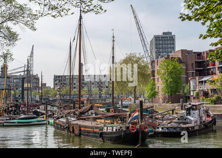 Rotterdam, Pays-Bas - 23 Avril 2019 : vieux bateaux dans un port de Rotterdam sur une journée ensoleillée Banque D'Images