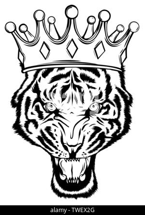 Portrait d'un tigre avec une couronne d'or sur sa tête, souriant en fureur vector Illustration de Vecteur