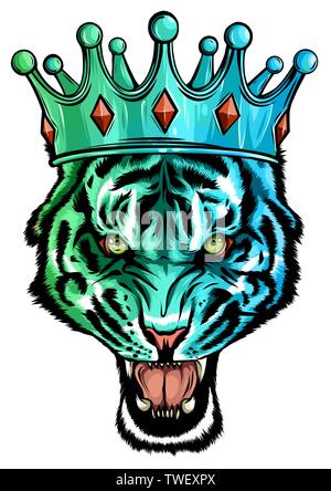 Portrait d'un tigre avec une couronne d'or sur sa tête, souriant en fureur vector Illustration de Vecteur