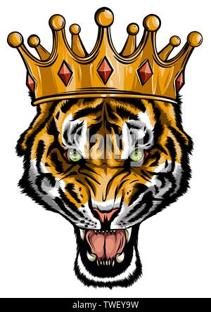 Portrait d'un tigre avec une couronne d'or sur sa tête, souriant en fureur vector Illustration de Vecteur