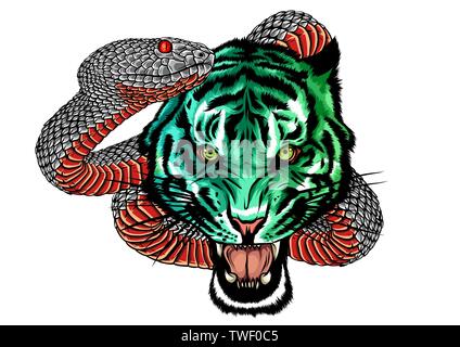 Combat du tigre et serpent, tatouage vector illustration Illustration de Vecteur