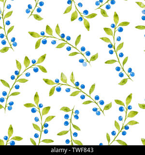 Beau motif transparent dessiné à la main avec les baies et les feuilles d'aquarelle sur fond blanc. Illustration de baies de myrtilles et les branches. Banque D'Images