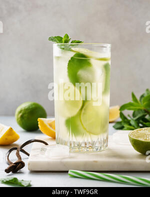 Boire de l'eau gazeuse limonade au jus de citron, de lime et de menthe fraîche dans un verre.