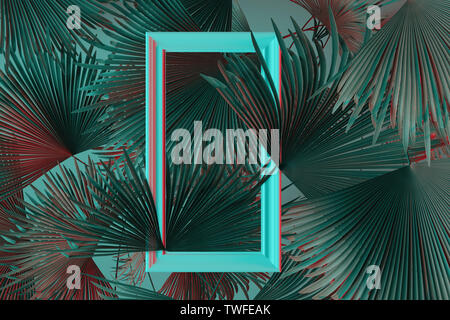 De rendu 3D Cadre photo blanc avec des feuilles de palmier en rouge et cyan light. Mise à plat d'un style minimaliste concept Banque D'Images