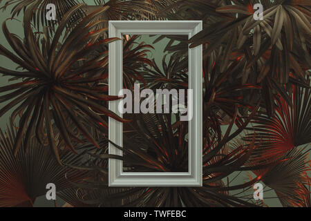 De rendu 3D Cadre photo blanc avec des feuilles tropicales en rouge et cyan light. Mise à plat d'un style minimaliste concept Banque D'Images