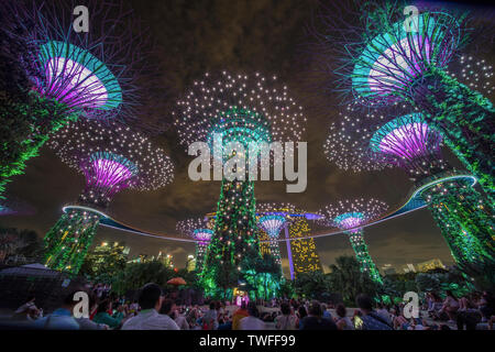 Growds rassembler pour ravir à l'impressionnant spectacle de musique et de lumière les jardins de la baie de Singapour. Banque D'Images