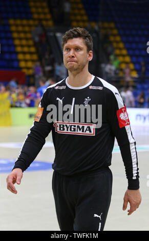 Kiev, UKRAINE - 12 juin 2019 : gardien Niklas LANDIN JACOBSEN du Danemark Handball pendant l'EURO 2020 de handball EHF qualificatifs jeu U Banque D'Images