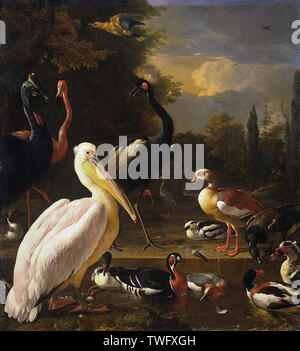 Melchior d'Hondecoeter - Pelican Autres oiseaux plumes flottant près de 1680 Banque D'Images