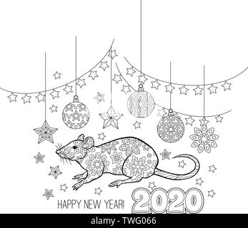 Nouvelle année carte de félicitations avec les chiffres 2020, rat et objets de fête. Droit pour le calendrier, livre de coloriage. Illustration de Vecteur