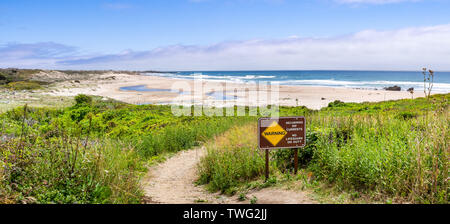 Sentier de marche en passant par les arbustes verts vers une plage de sable fin ; signer des courants récurrents d'avertissement affiché sur le sentier ; Gazos Creek État Año Nuevo Banque D'Images