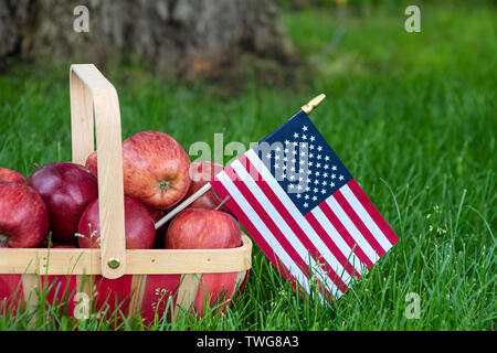 Pommes rouges dans le panier en bois sur l'herbe verte avec le drapeau américain Banque D'Images