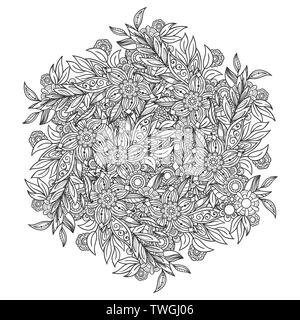Des profils coloriage avec motif fleurs. Doodle noir et blanc guirlande. Floral mandala. L'art de la ligne Bouquet illustration isolé sur fond blanc. Élément de design ronde Illustration de Vecteur