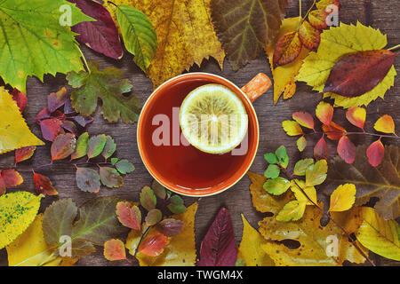 Une tasse de thé sur un fond de feuilles d'automne multicolore sur une surface en bois Banque D'Images