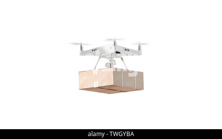 Blank white quadrocopter avec fort immersive, battant isolé, vue de côté, rendu 3d. Drone vide avec une commande des maquettes. Décochez quad copter pour vidéo, photo Banque D'Images