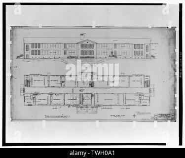 Arrière (est) de l'élévation et plan d'étage. San Bernardino Valley Union Junior College, classiques du bâtiment. Howard E. Jones, Architecte, San Bernardino, en Californie. Feuille 3, n ? 312. 1 à 8 cm à l'échelle de pied. Le 15 février 1927. - San Bernardino Valley College, classiques, 701 South Mount Vernon Avenue, San Bernardino, San Bernardino County, CA Banque D'Images