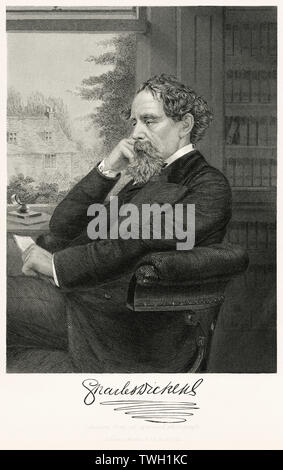 Charles Dickens (1812-70), auteur anglais, Assis Portrait, gravure sur acier, Musée du Portrait d'éminents hommes et femmes de l'Europe et l'Amérique par Evert A. Duyckinck, publié par Henry J. Johnson, Johnson, Wilson & Company, New York, 1873 Banque D'Images