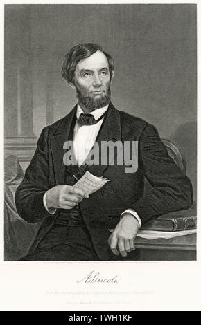 Abraham Lincoln (1809-65), 16e président des États-Unis, Assis Portrait, gravure sur acier, Musée du Portrait d'éminents hommes et femmes de l'Europe et l'Amérique par Evert A. Duyckinck, publié par Henry J. Johnson, Johnson, Wilson & Company, New York, 1873 Banque D'Images