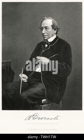 Benjamin Disraeli (1804-1881), homme politique britannique et premier ministre du Royaume-Uni de 1874 à 1880, 1868-68, Assis Portrait, gravure sur acier, Musée du Portrait d'éminents hommes et femmes de l'Europe et l'Amérique par Evert A. Duyckinck, publié par Henry J. Johnson, Johnson, Wilson & Company, New York, 1873 Banque D'Images