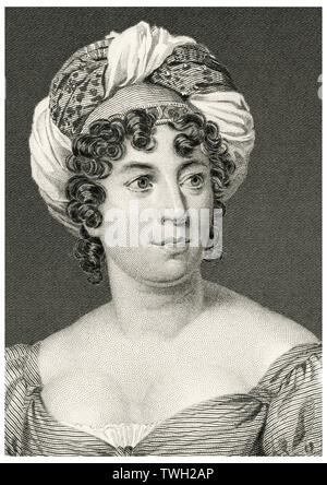 Anne Louise Germaine de Staël-Holstein (1766-1817), communément connue sous le nom de Madame de Staël, femme de lettres française et historien, Head and shoulders Portrait, gravure sur acier, Musée du Portrait d'éminents hommes et femmes de l'Europe et l'Amérique par Evert A. Duyckinck, publié par Henry J. Johnson, Johnson, Wilson & Company, New York, 1873 Banque D'Images