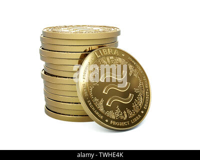Pile de Libra cryptocurrency avec une pièce orientée vers. Isolé sur fond blanc. Concept de monnaie. Le rendu 3D Banque D'Images