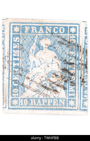 10 centimes suisses Strubel stamp isolé sur fond blanc. Banque D'Images