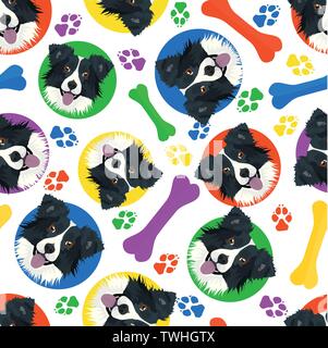 Coloré et amusant Border Collie - modèle sans couture avec illustration ludique d'un chien. Le smiling dog est un grand cadeau pour les amateurs de chiens et propriétaire de chien Illustration de Vecteur