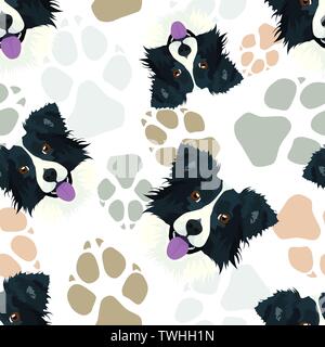 Motif pattes de chien Border Collie - Seamless pattern avec illustration ludique d'un chien et d'empreintes. Le smiling dog est un grand cadeau pour les propriétaires de chiens. Illustration de Vecteur